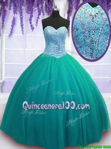 Excellent Turquoise Tulle Lace Up Sweetheart Sleeveless Floor Length Sweet 16 Dresses Beading