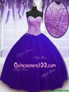 Vintage Purple Ball Gowns Sweetheart Sleeveless Tulle Floor Length Lace Up Beading Sweet 16 Dresses
