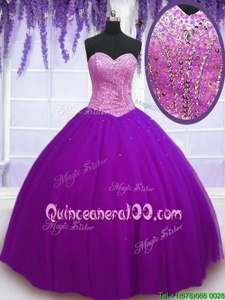 High Class Sweetheart Sleeveless Sweet 16 Dresses Floor Length Beading Eggplant Purple Tulle