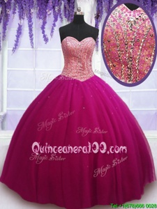 Chic Floor Length Hot Pink Sweet 16 Dress Tulle Sleeveless Spring and Summer and Fall and Winter Beading