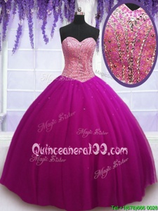 Glamorous Ball Gowns Quince Ball Gowns Fuchsia Sweetheart Tulle Sleeveless Floor Length Lace Up