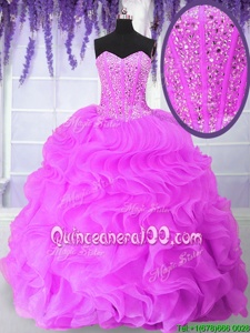 Delicate Hot Pink Quinceanera Gowns Military Ball and Sweet 16 and For withRuffles and Sequins Sweetheart Sleeveless Lace Up