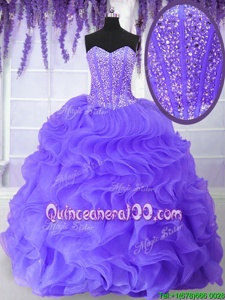 High End Lavender Lace Up Ball Gown Prom Dress Beading and Ruffles Sleeveless Floor Length