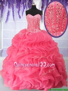 Watermelon Red Ball Gowns Beading and Ruffles Ball Gown Prom Dress Lace Up Organza Sleeveless Floor Length