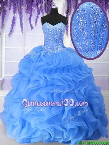 Noble Blue Sleeveless Ruffles and Sequins Floor Length Quinceanera Gowns