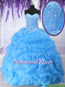 Baby Blue Lace Up Sweetheart Beading and Ruffles 15th Birthday Dress Organza Sleeveless