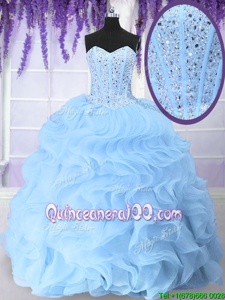 Free and Easy Light Blue Sleeveless Floor Length Beading and Ruffles Lace Up Quinceanera Dress