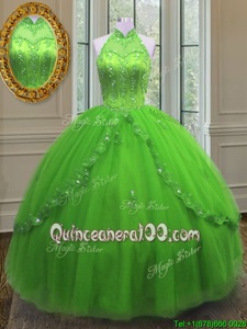 Spectacular Halter Top Sleeveless Tulle Floor Length Lace Up Ball Gown Prom Dress inSpring Green forSpring and Summer and Fall and Winter withBeading and Appliques