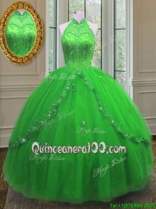 Customized Spring Green High-neck Lace Up Beading and Appliques Ball Gown Prom Dress Sleeveless