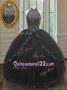 Delicate Black Sleeveless Beading and Appliques Floor Length Quince Ball Gowns