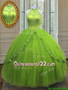 New Style Tulle High-neck Sleeveless Lace Up Beading and Appliques Quinceanera Gowns inYellow Green
