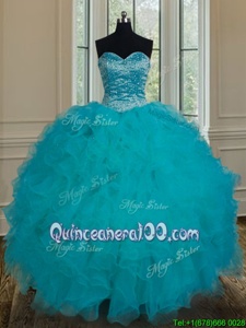 Charming Floor Length Teal Quince Ball Gowns Sweetheart Sleeveless Lace Up