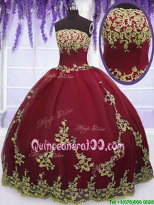 Customized Red Tulle Zipper Quinceanera Gowns Sleeveless Floor Length Appliques