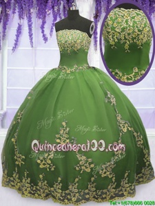 Edgy Olive Green Sleeveless Appliques Floor Length Quinceanera Gowns