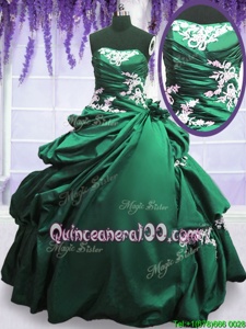 Affordable Green and Dark Green Taffeta Lace Up Quinceanera Gowns Sleeveless Floor Length Appliques and Pick Ups