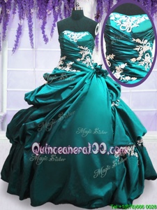 Hot Sale Teal Sleeveless Floor Length Appliques and Pick Ups Lace Up Sweet 16 Dress