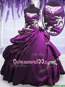 Wonderful Purple Ball Gowns Appliques and Pick Ups Quince Ball Gowns Lace Up Taffeta Sleeveless Floor Length