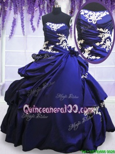Sumptuous Blue Taffeta Lace Up Strapless Sleeveless Floor Length Quinceanera Dresses Appliques and Pick Ups