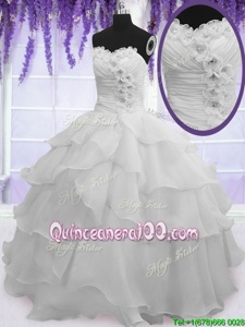 New Style Silver Organza Lace Up Sweetheart Sleeveless Floor Length Quinceanera Dress Beading and Ruffled Layers