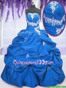 Hot Selling Blue Sleeveless Appliques and Pick Ups Floor Length 15th Birthday Dress