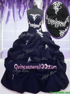 Simple Navy Blue Ball Gowns Appliques and Pick Ups 15 Quinceanera Dress Lace Up Taffeta Sleeveless Floor Length