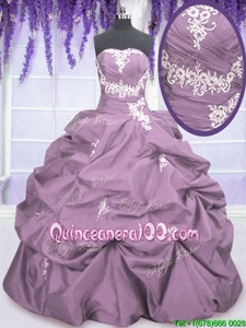 Sumptuous Lilac Ball Gowns Strapless Sleeveless Taffeta Floor Length Lace Up Appliques and Ruching and Pick Ups Sweet 16 Quinceanera Dress