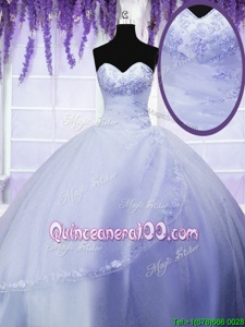 Trendy Sweetheart Sleeveless Quince Ball Gowns Floor Length Appliques Purple Tulle