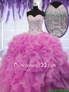 Beauteous Rose Pink Sweetheart Neckline Sequins Sweet 16 Quinceanera Dress Sleeveless Lace Up