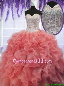 Perfect Coral Red Lace Up Sweetheart Ruffles and Sequins Quinceanera Dress Organza Sleeveless