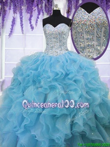 Exceptional Baby Blue Ball Gowns Organza Sweetheart Sleeveless Ruffles and Sequins Floor Length Lace Up Sweet 16 Dresses