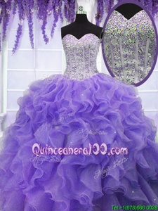 Glittering Lavender Ball Gowns Sweetheart Sleeveless Organza Floor Length Lace Up Ruffles and Sequins Ball Gown Prom Dress