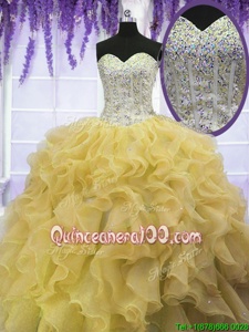 Decent Sleeveless Floor Length Beading and Ruffles Lace Up Sweet 16 Dresses with Yellow