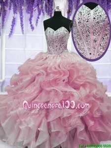 Elegant Rose Pink Sweetheart Lace Up Beading and Ruffles Quinceanera Gowns Sleeveless