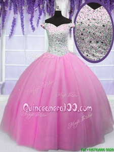On Sale Floor Length Hot Pink 15 Quinceanera Dress Off The Shoulder Short Sleeves Lace Up