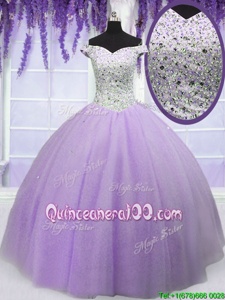 Dramatic Lavender Lace Up Off The Shoulder Beading Vestidos de Quinceanera Tulle Short Sleeves