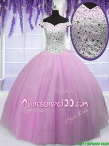 Pretty Off The Shoulder Short Sleeves 15th Birthday Dress Floor Length Beading Lilac Tulle