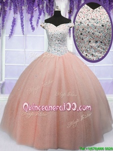 Fancy Peach Off The Shoulder Neckline Beading Sweet 16 Quinceanera Dress Short Sleeves Lace Up