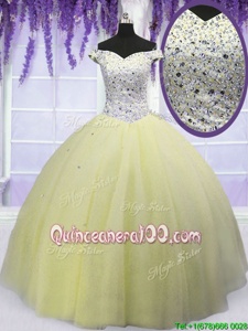 Unique Light Yellow Ball Gowns Off The Shoulder Short Sleeves Tulle Floor Length Lace Up Beading Quinceanera Gowns