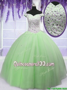 Vintage Apple Green Ball Gowns Tulle Off The Shoulder Short Sleeves Beading Floor Length Lace Up Quinceanera Gowns