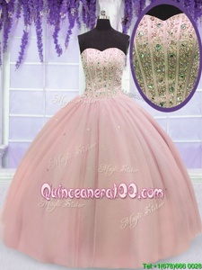 Custom Designed Baby Pink Ball Gowns Beading Vestidos de Quinceanera Lace Up Tulle Sleeveless Floor Length