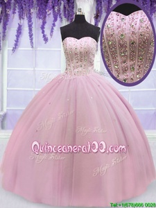 Exceptional Floor Length Baby Pink Sweet 16 Dresses Tulle Sleeveless Spring and Summer and Winter Beading