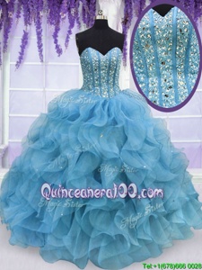 Wonderful Aqua Blue Lace Up Sweetheart Beading and Ruffles Sweet 16 Quinceanera Dress Organza Sleeveless