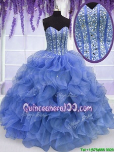 Spring and Summer and Fall and Winter Organza Sleeveless Floor Length Quinceanera Gowns andBeading and Ruffles