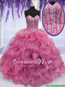 Eye-catching Beading and Ruffles 15 Quinceanera Dress Rose Pink Lace Up Sleeveless Floor Length