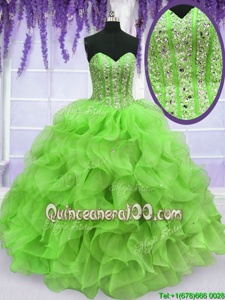 Delicate Spring Green Sweet 16 Dresses Military Ball and Sweet 16 and Quinceanera and For withRuffles and Sequins Sweetheart Sleeveless Lace Up