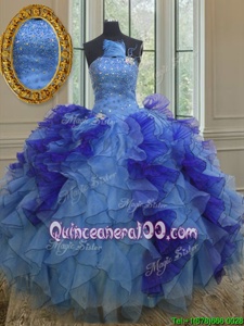 Perfect Multi-color Ball Gowns Beading and Ruffles Sweet 16 Dresses Lace Up Organza Sleeveless Floor Length