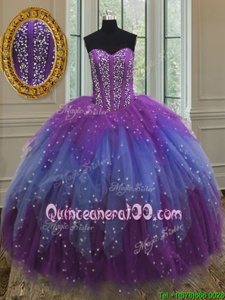 Affordable Sweetheart Sleeveless Quinceanera Dresses Floor Length Beading and Ruffles and Sequins Multi-color Tulle