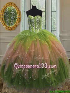 Comfortable Sweetheart Sleeveless Sweet 16 Dress Floor Length Beading and Ruffles and Sequins Multi-color Tulle