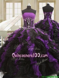 Shining Black And Purple Sleeveless Floor Length Beading and Ruffles Lace Up Quinceanera Gown