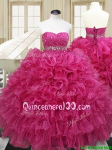 Custom Design Hot Pink Sleeveless Organza Lace Up 15 Quinceanera Dress forMilitary Ball and Sweet 16 and Quinceanera